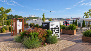 Smart DRS reusable cup return station at Tyršák in Bratislava, with Bratislava Castle in the background