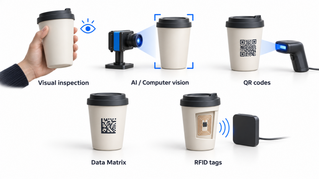 3D illustration of reusable cup identification methods: visual inspection, AI computer vision, QR codes, Data Matrix codes and RFID tags.