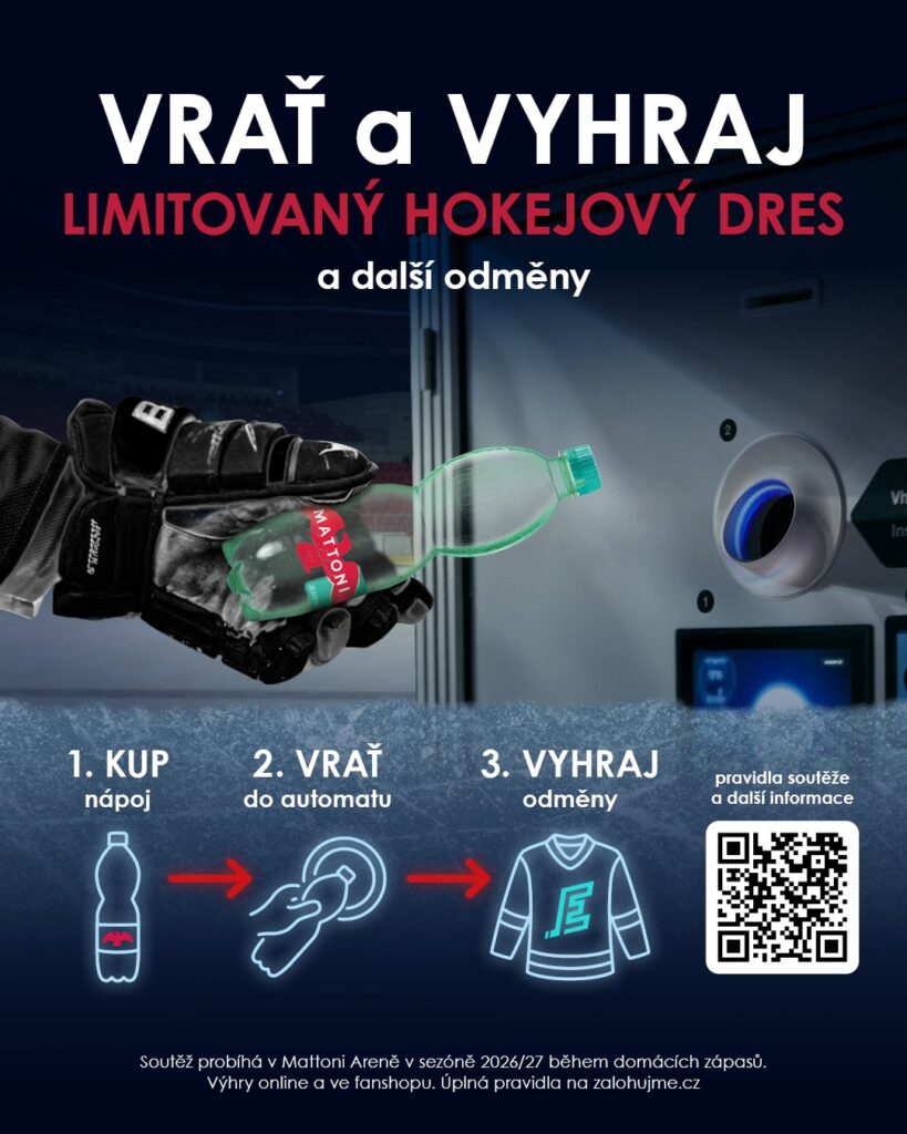 Kampaňový vizuál vysvětlující princip dobrovolného vracení PET lahví a plechovek během domácích utkání HC Energie Karlovy Vary v sezoně 2026/27.