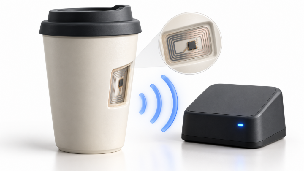 3D illustration of a reusable cup with an embedded RFID tag communicating wirelessly with an RFID reader.